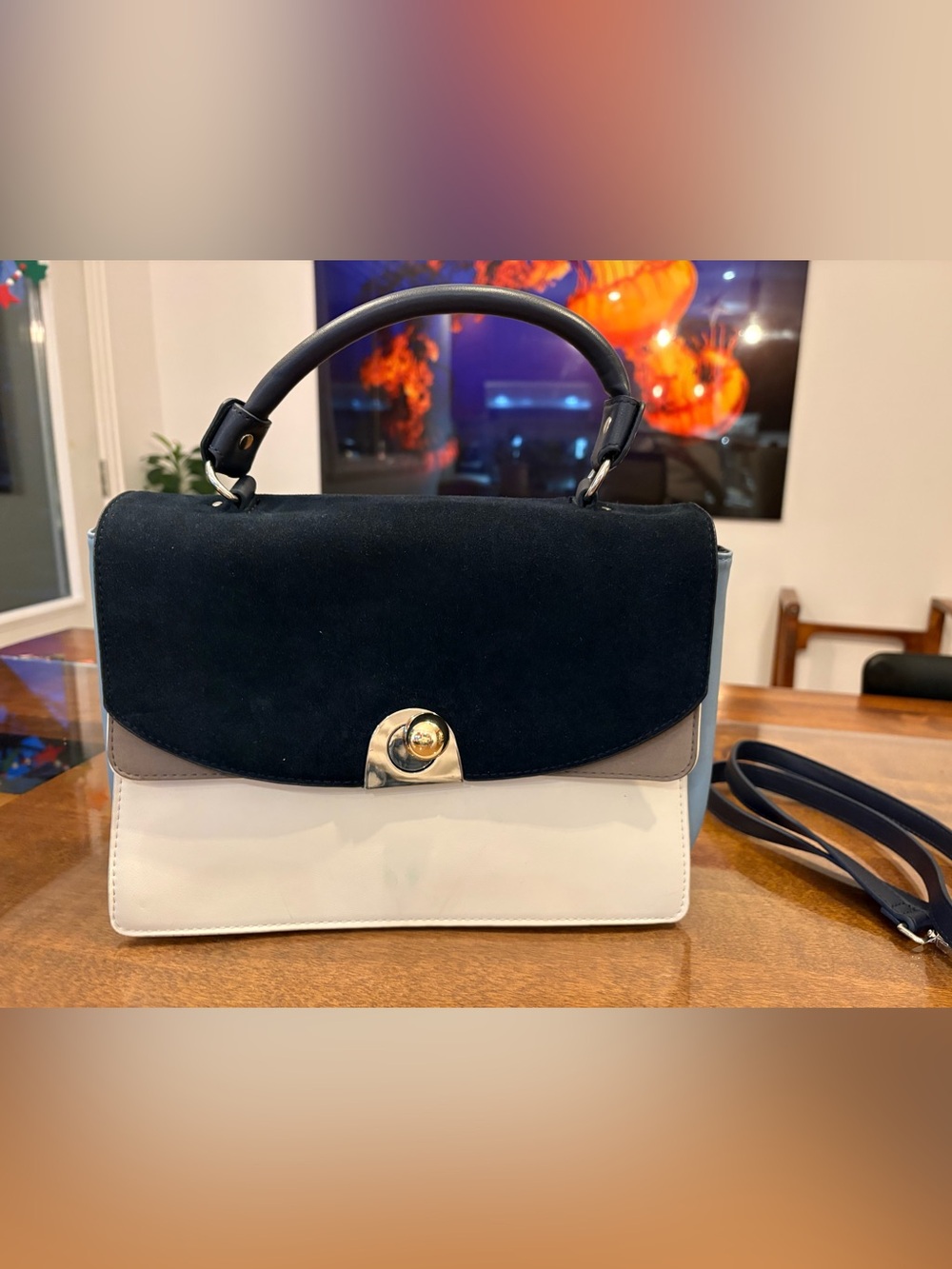 Zara Navy, White and Gray Two-Tone Top Handle Satchel